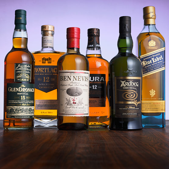 Whisky The Glendronach 15 ans, Mortlach 12 ans, Ben Nevis, Jura 12 ans, Ardbeg, Johnnie Walker Blue Label